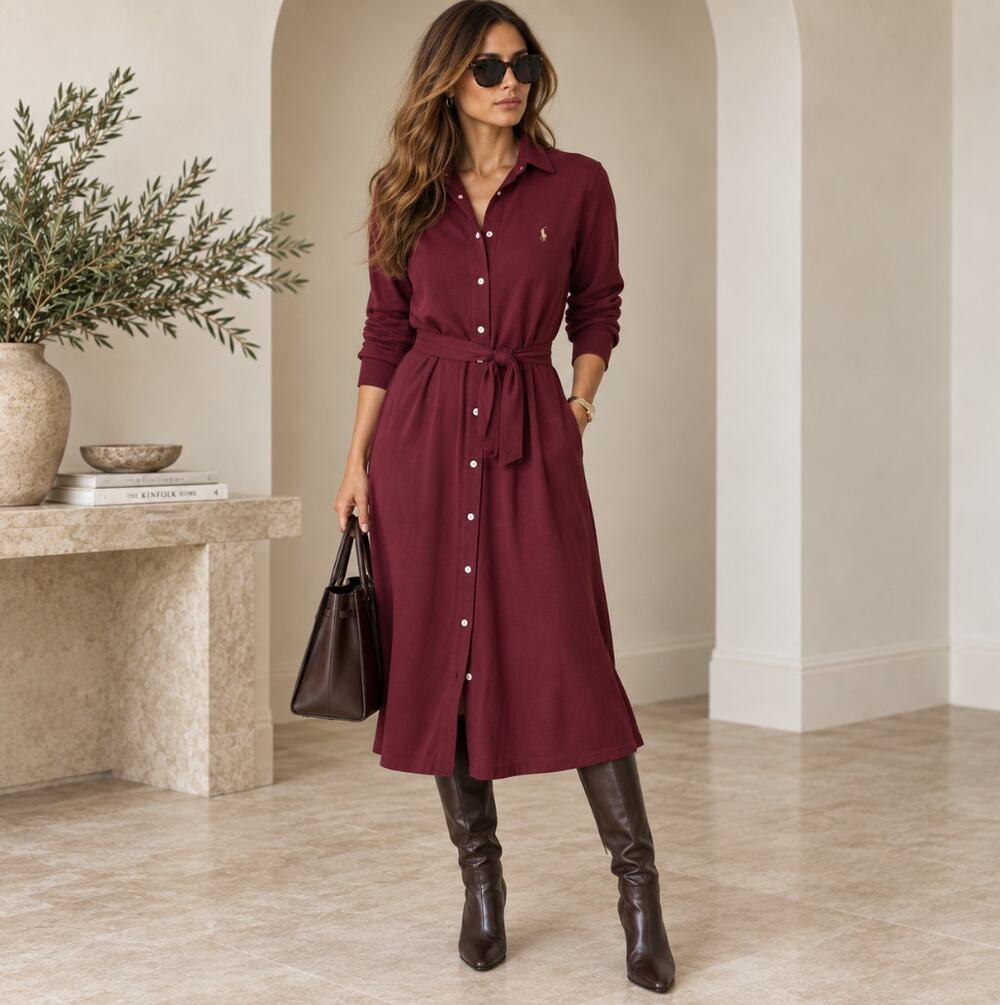 POLO RALPH LAUREN Knit Oxford Midi Shirtdress Maroon Cotton Pique Sz XXL {3N51}